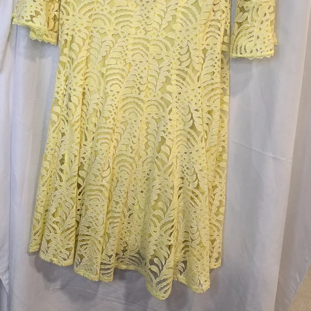 Rabbit Design 3/4 Bell Sleeve Abstract Lace Fit & Flare Dress 10 Yellow - Picture 7 of 8